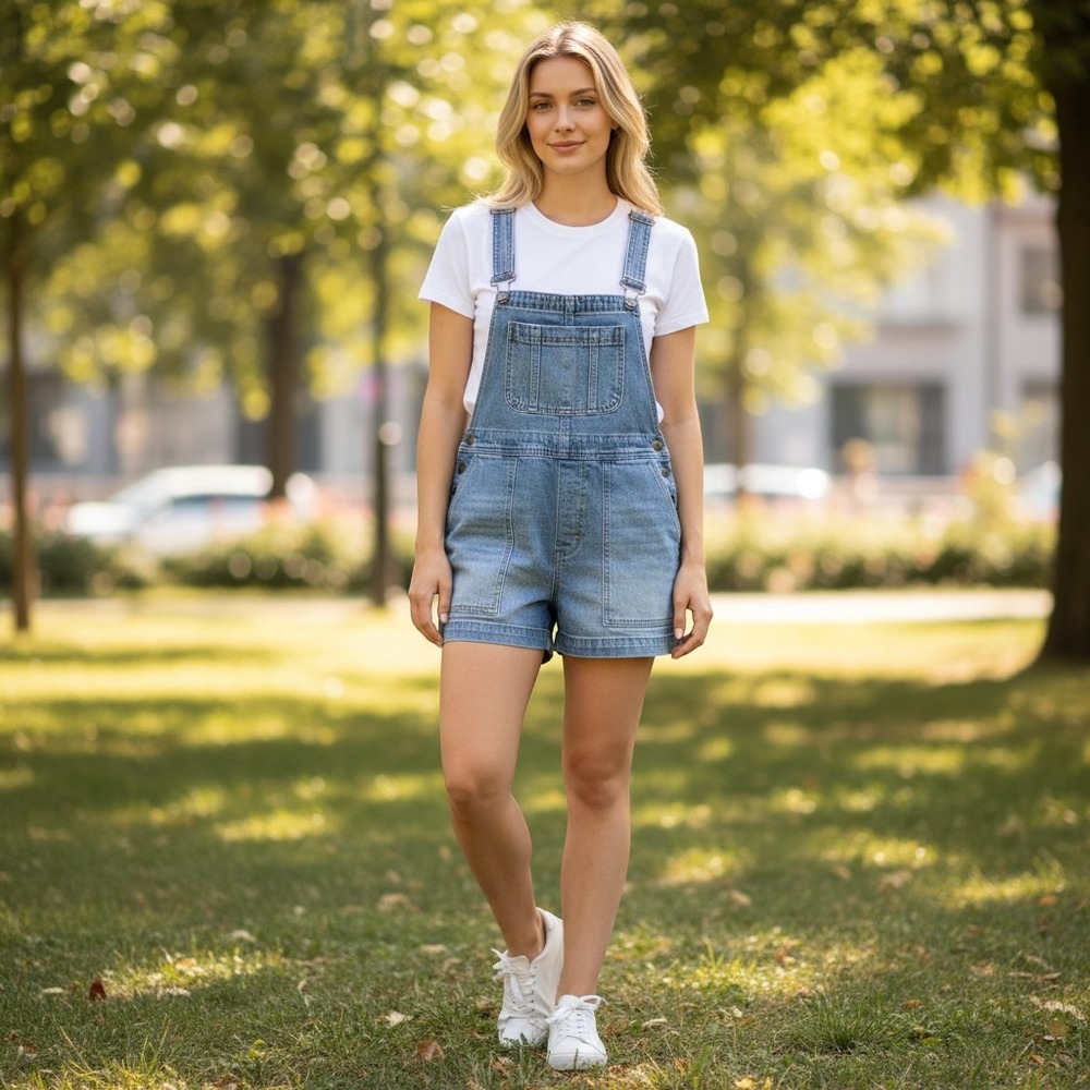Aerie Werk & Play Denim Shortalls Overalls Medium Wash Floral Embroidered Size-M